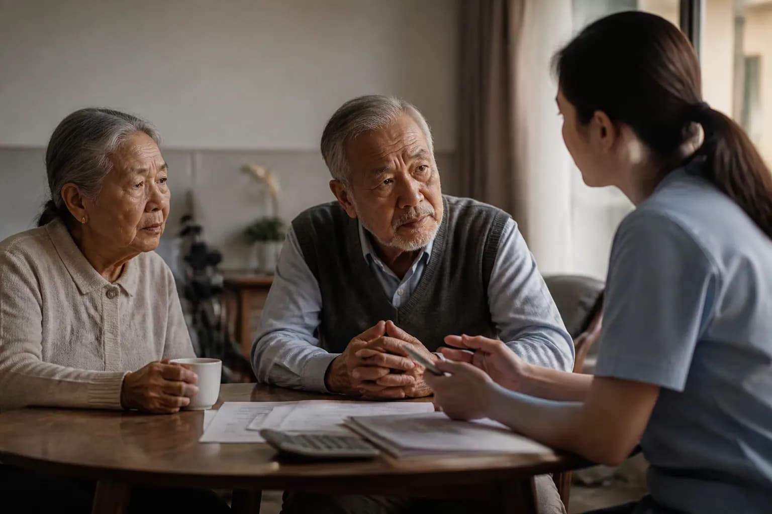 An older patient's hand resting on a walking frame beside a nurse in a bright community-care ward — the long-term and chronic care that demographic ageing is pushing to the centre of health-system finances.
