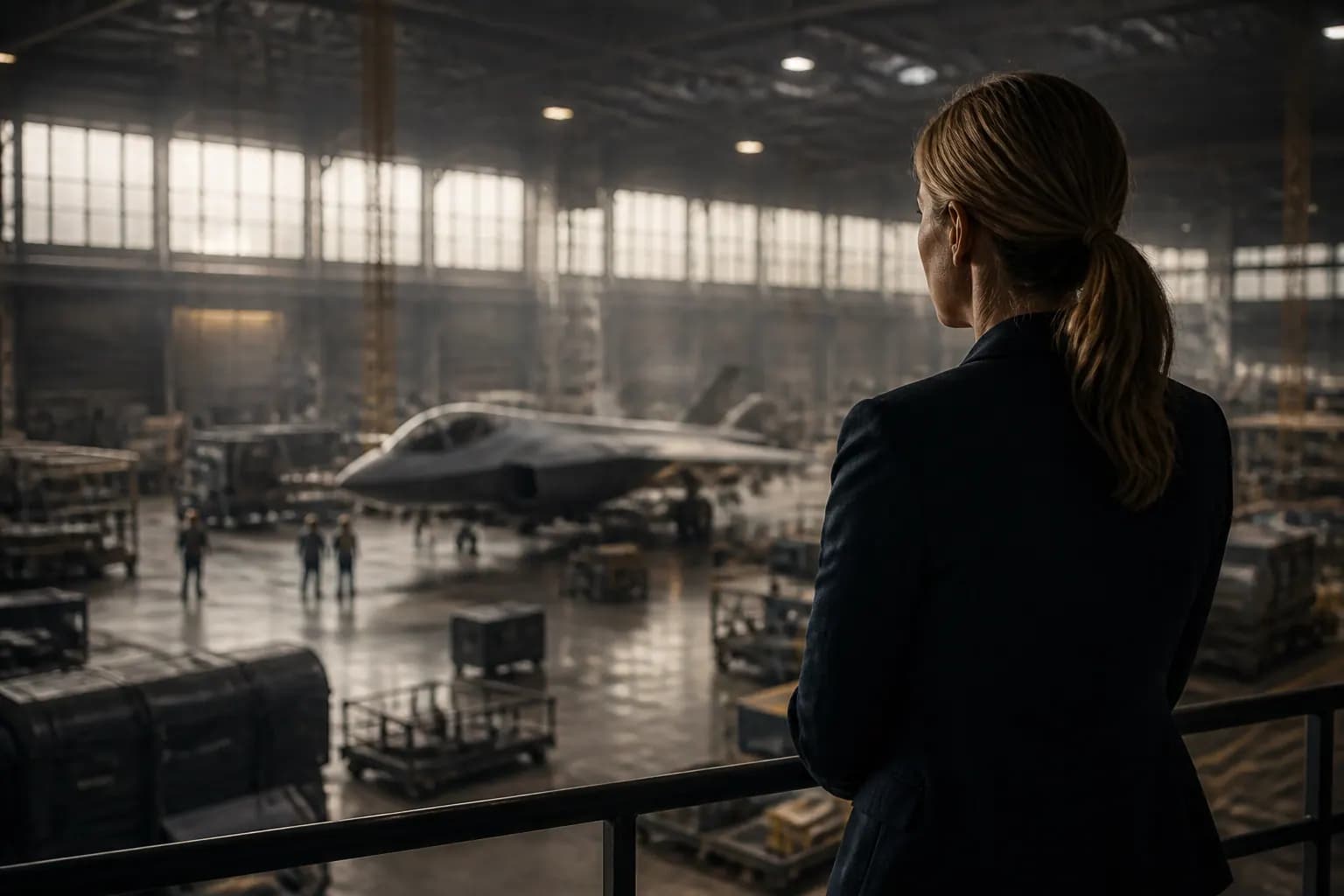 Military transport aircraft and armoured vehicles under assembly on a production floor, welding sparks in the background — a defence industrial base built for efficiency now under pressure to deliver mass at rate.