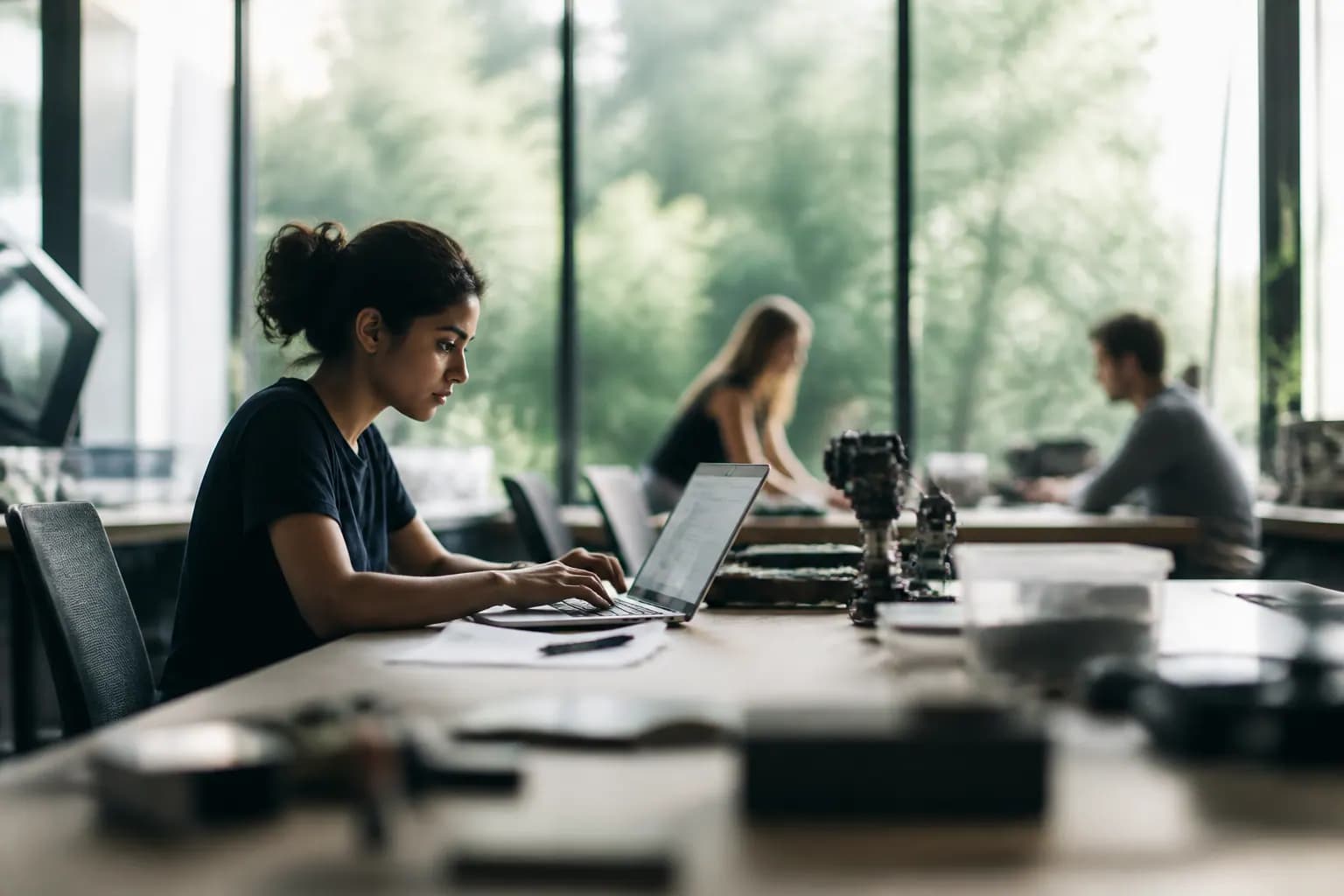 An adult learner at a laptop in a workplace setting, working through an on-screen training module with a progress bar and a short assessment panel — continuous, in-career skilling delivered digitally rather than in a classroom.