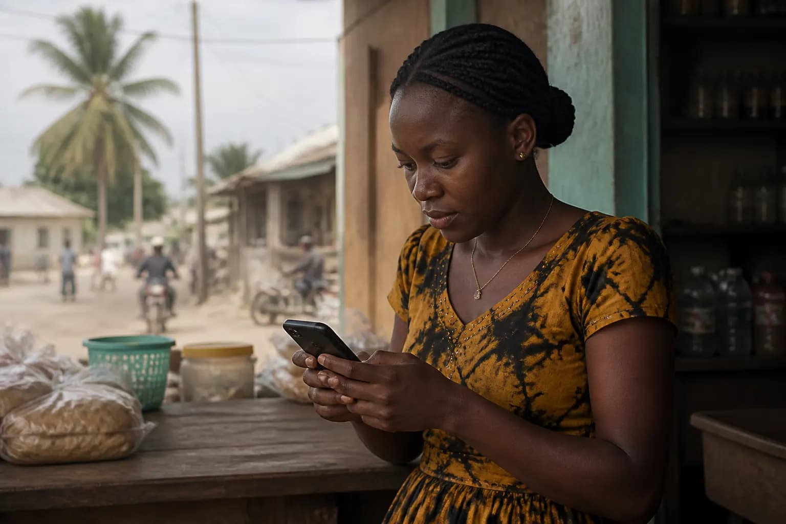 A market trader at an open-air stall completing a mobile-money payment on a basic handset, the transfer confirmed on screen — everyday digital finance reaching customers beyond the range of bank branches.