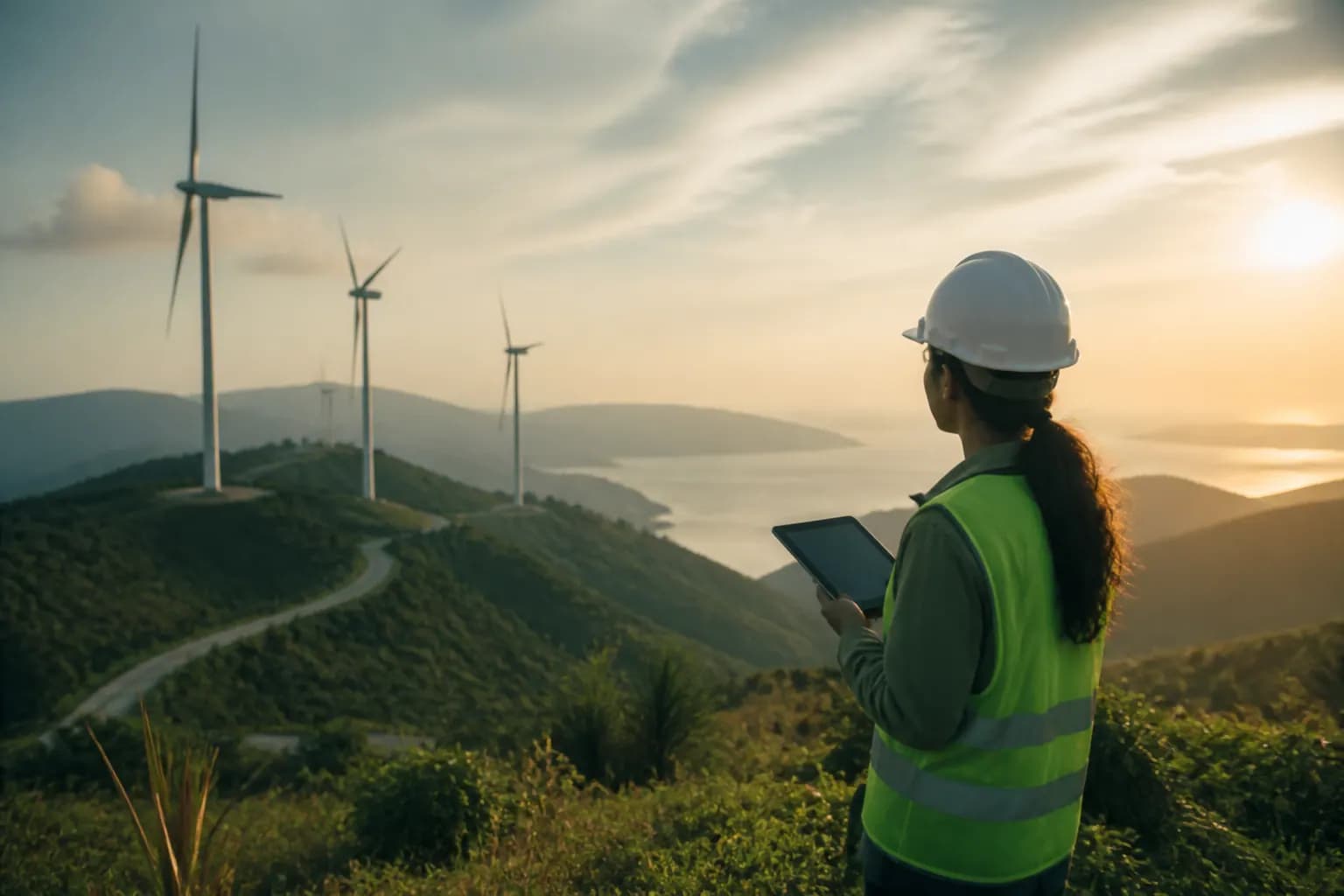 Rows of solar panels stretching to the horizon beside high-voltage transmission pylons at dusk — generation and the grid that must carry it, the two halves of the energy-transition investment story.