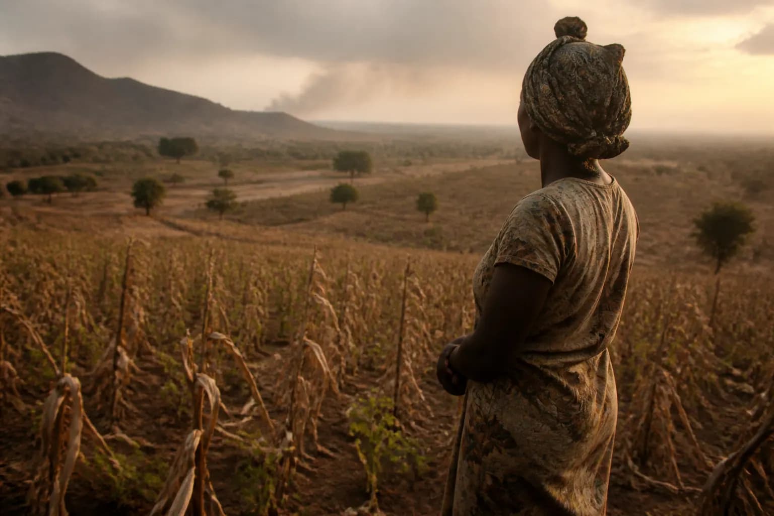 Terraced hillside farmland stepping down a valley under a hazy sky, a patchwork of green and drying plots — a food system built for a stable climate now working under mounting heat and water stress.