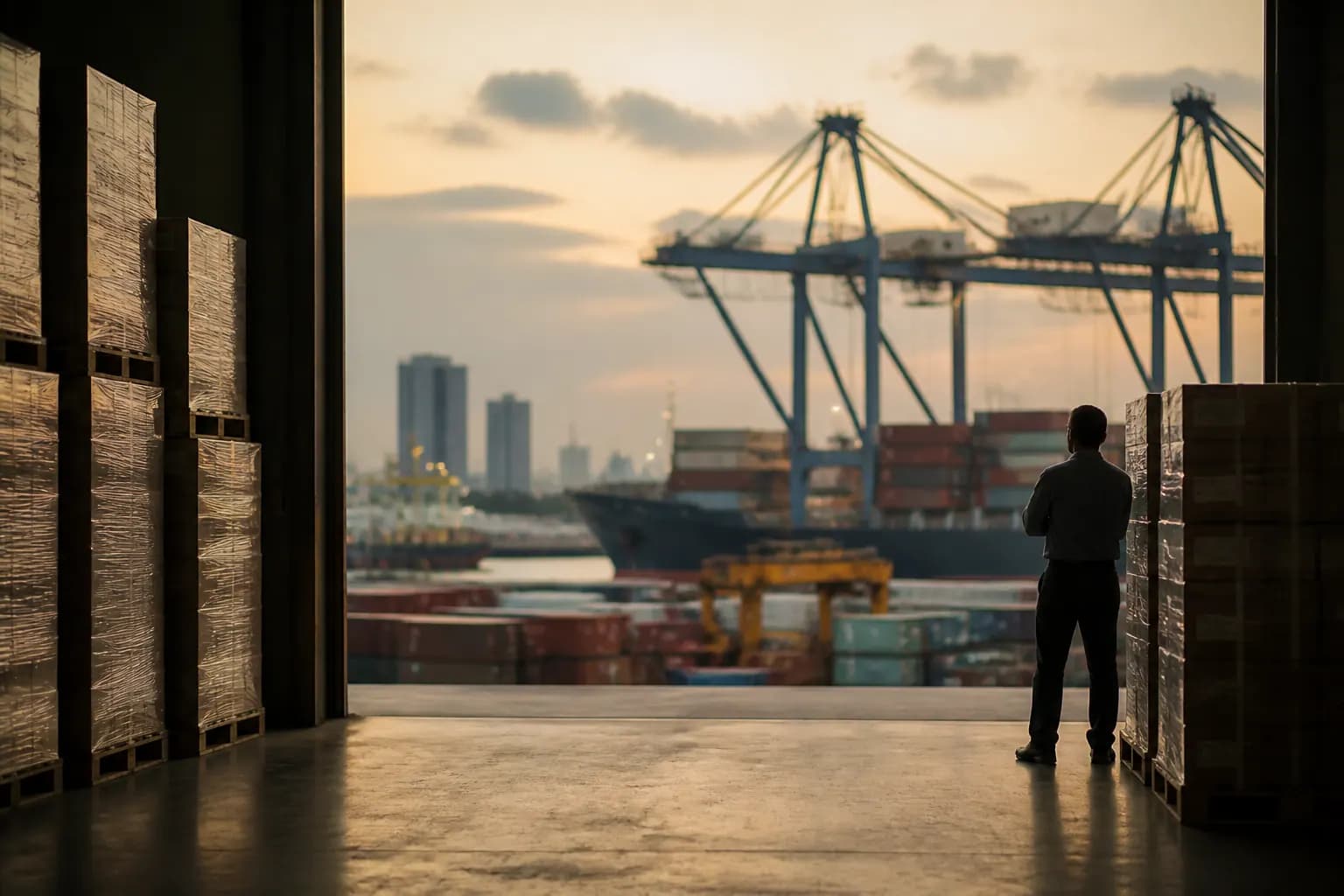 Shipping containers stacked at a port, symbolising cross-border trade data.