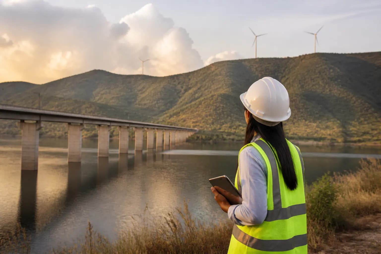 Construction cranes and steel reinforcement rising over a large civil-works site at first light — the delivery and readiness challenge that now governs whether financed sustainable-infrastructure projects become operating assets.