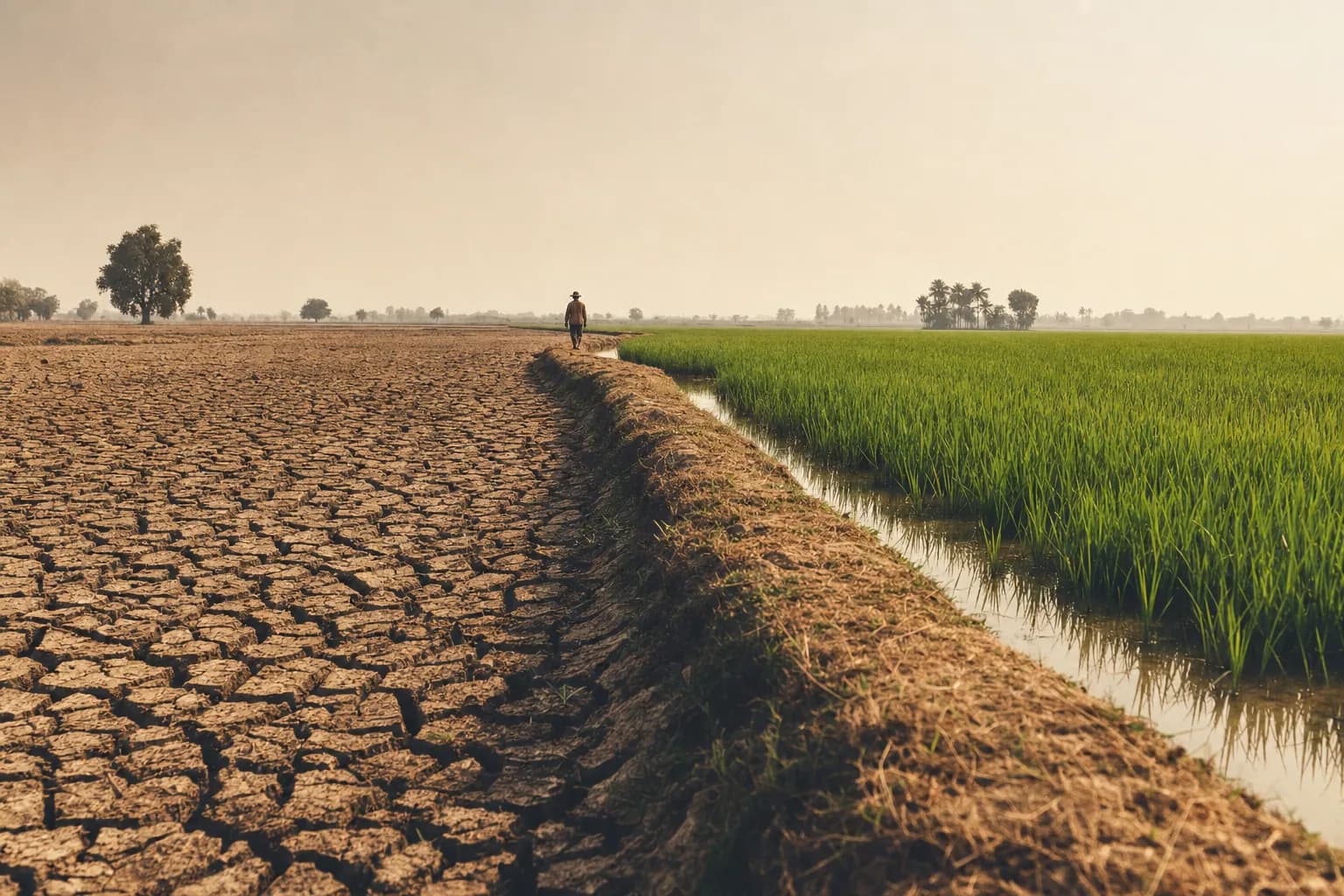 Terraced farmland under a hazy sky, evoking a food system built for a stable climate now under stress.
