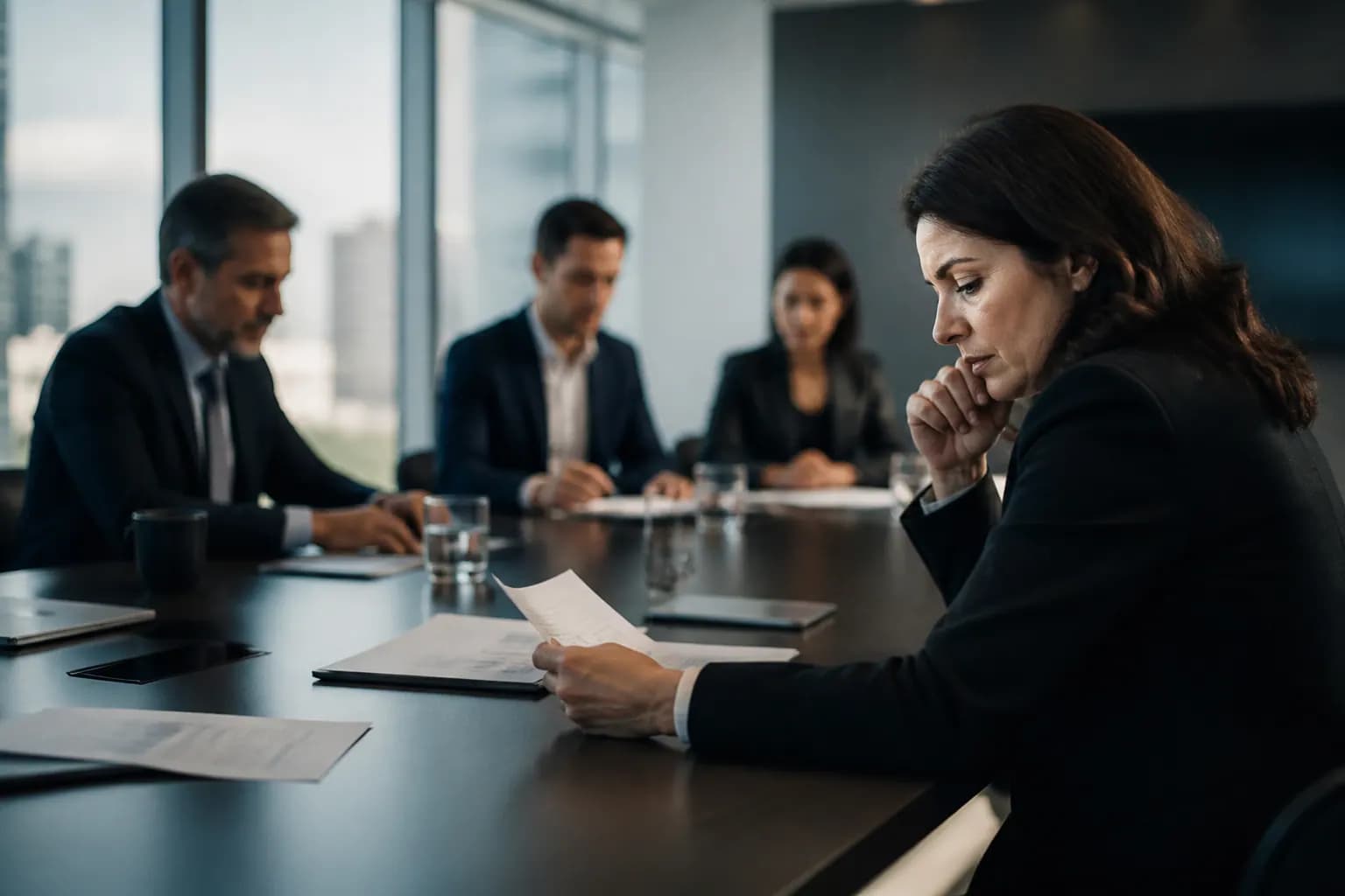 Analysts reviewing a wall of competitor benchmarking charts.